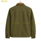 Back view of The Kooples khaki cotton twill worker jacket with a clean regular-fit cut and reinforced stitching. A full back-angle photo presenting the jacket’s smooth khaki cotton twill finish, regular fit, and high-quality tailoring for enhanced product detail.