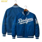 Close-up of Los Angeles Dodgers embroidered chest logo on JH Design satin jacket showing detailed stitching and premium MLB craftsmanship