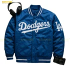 Faux leather sleeve detail of Los Angeles Dodgers JH Design jacket with rib-knit cuff and smooth satin body texture. Premium faux leather sleeve with rib-knit cuff and satin body