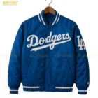 Back view of Los Angeles Dodgers satin jacket by JH Design featuring large embroidered Dodgers wordmark and premium blue satin finish