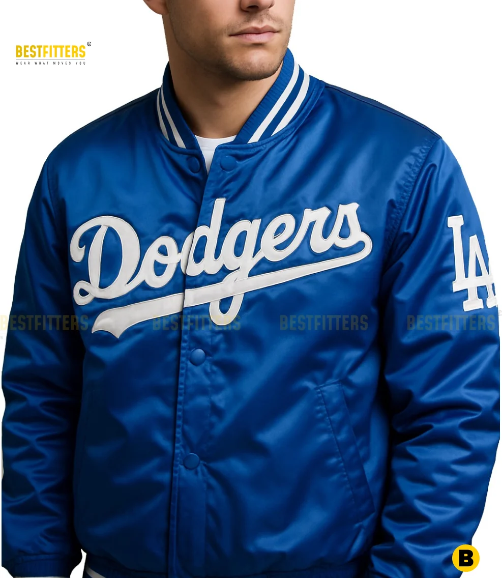 Los Angeles Dodgers blue satin jacket by JH Design with embroidered MLB logo, faux leather sleeves, rib-knit trims, and fleece interior displayed on white background