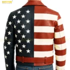 Men’s USA Flag Motorcycle Jacket Lifestyle Look. Model wearing men’s American Flag leather motorcycle jacket styled with casual denim for patriotic streetwear and 90s biker fashion aesthetics