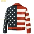 Back view of men’s leather motorcycle jacket showcasing full American flag artwork with stars and stripes across shoulders and sleeves. Rear shot showing the USA stars and stripes design on the leather motorcycle jacket, highlighting craftsmanship and detail.