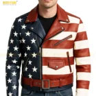Leather Detail of USA Flag Biker Jacket. Close-up of leather texture and stitching on men’s USA flag biker jacket highlighting craftsmanship, reinforced seams, and premium materials