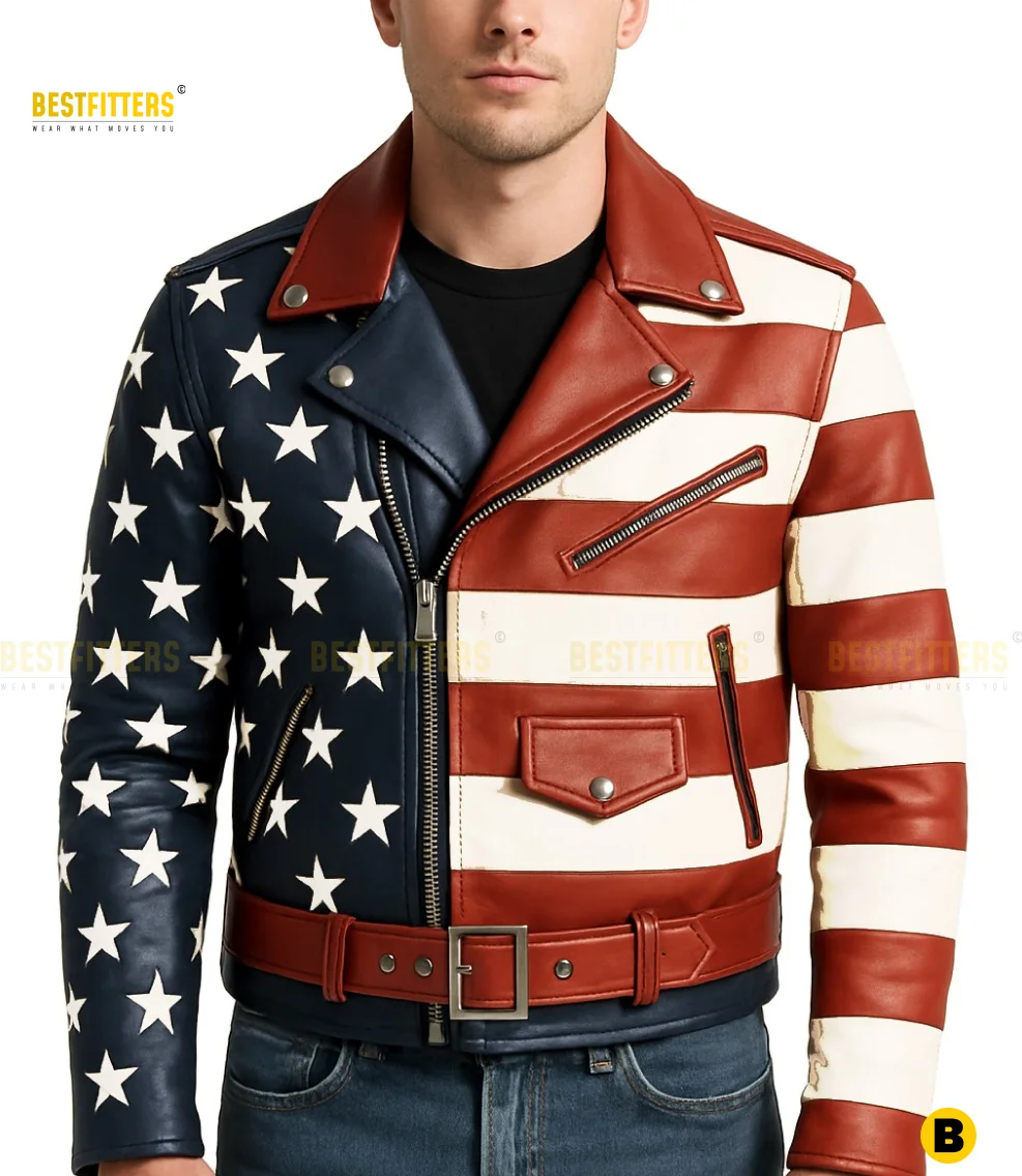 Leather Detail of USA Flag Biker Jacket. Close-up of leather texture and stitching on men’s USA flag biker jacket highlighting craftsmanship, reinforced seams, and premium materials
