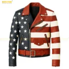 Men’s American Flag Leather Biker Jacket Front View. Men’s American Flag leather biker jacket displayed on mannequin with premium full-grain leather, bold USA stars and stripes design, and classic motorcycle styling
