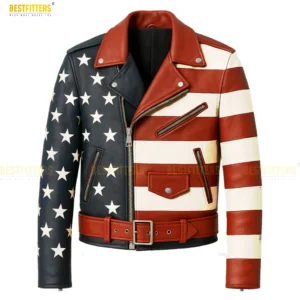 Men’s American Flag Leather Biker Jacket Front View. Men’s American Flag leather biker jacket displayed on mannequin with premium full-grain leather, bold USA stars and stripes design, and classic motorcycle styling