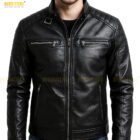 Men’s distressed black leather jacket made from genuine cowhide, featuring a rugged vintage finish, durable metal zipper, multiple front pockets, reinforced stitching, and a comfortable soft inner lining, photographed on a mannequin to showcase the classic biker style and premium craftsmanship.
