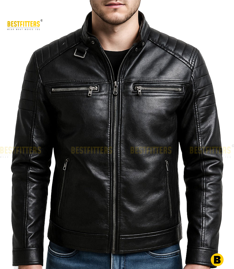Men’s distressed black leather jacket made from genuine cowhide, featuring a rugged vintage finish, durable metal zipper, multiple front pockets, reinforced stitching, and a comfortable soft inner lining, photographed on a mannequin to showcase the classic biker style and premium craftsmanship.