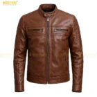 High-quality photograph showcasing the men’s distressed brown leather jacket from the front, highlighting its vintage hand-finished texture, rugged appearance, and premium craftsmanship. Men’s distressed brown leather jacket displayed on a mannequin, showing vintage texture, rugged hand-finished leather, and premium stitching details.