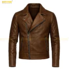 Men’s Distressed Dark Brown Quilted Leather Jacket Front. Men’s distressed dark brown leather jacket with diamond-quilted shoulders, vintage motorcycle styling, premium genuine leather, front view showcasing rugged texture.