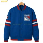 NHL New York Rangers Blue Varsity Jacket. Official Team Satin Varsity Jacket Closeup view of blue varsity jacket showing detailed embroidered patch on chest, snap buttons, and ribbed collar with red accents in premium athletic styling.