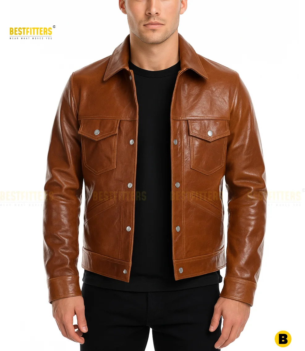 Men’s handmade brown leather jacket front view