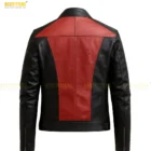 Back View – Men’s Red & Black Leather Biker Jacket. Back view of men’s red and black leather biker jacket showing reinforced seams, smooth leather panels, and tailored ergonomic design for motorcycle comfort