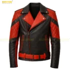 Full front view of the premium Men's Red and Black Sheepskin Biker Jacket showcasing the asymmetrical zip closure and color-block panel design. This genuine leather motorcycle coat is optimized for stylish winter outerwear.
