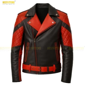 Full front view of the premium Men's Red and Black Sheepskin Biker Jacket showcasing the asymmetrical zip closure and color-block panel design. This genuine leather motorcycle coat is optimized for stylish winter outerwear.
