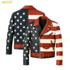 American Flag Leather Jacket Back Design. Back view of men’s leather motorcycle jacket showcasing full American flag artwork with stars and stripes across shoulders and sleeves