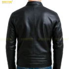 Men’s premium distressed leather jacket in deep black with natural aging effects, featuring metal hardware, utility pockets, reinforced seams, and ergonomic biker fit, displayed to show its textured leather surface and masculine style.