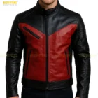 Genuine Lambskin Leather and YKK Hardware Detail. High-resolution close-up of the red and black genuine lambskin leather texture, showcasing the heavy-duty YKK zipper detail and the snap-button collar of the tailored biker jacket.