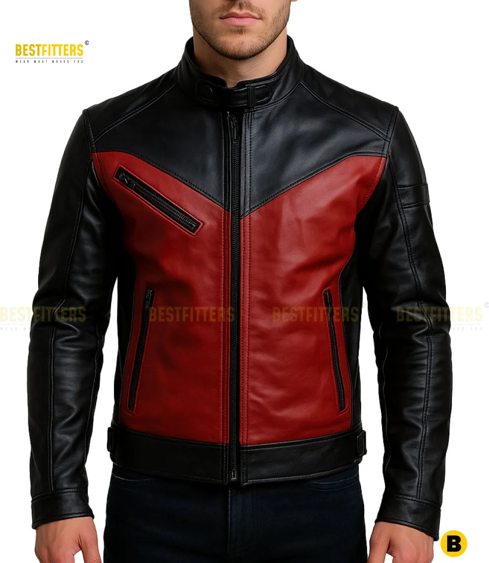 Genuine Lambskin Leather and YKK Hardware Detail. High-resolution close-up of the red and black genuine lambskin leather texture, showcasing the heavy-duty YKK zipper detail and the snap-button collar of the tailored biker jacket.