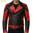 Clear view of the back of the men's sheepskin leather jacket, highlighting the clean stitching lines and the bold separation between the vibrant red and black leather panels for a distinctive look.