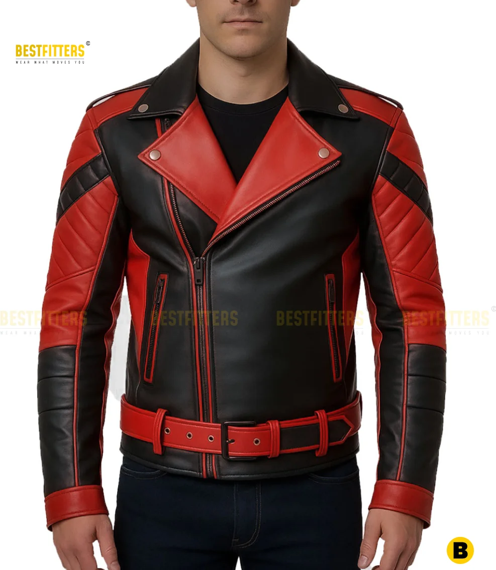 Clear view of the back of the men's sheepskin leather jacket, highlighting the clean stitching lines and the bold separation between the vibrant red and black leather panels for a distinctive look.