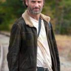 Brown suede leather jacket styled like Rick Grimes outfit from popular apocalyptic TV series, rugged sheriff survivor look for cosplay fans