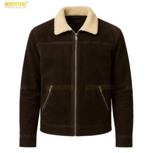 Front view of Rick Grimes suede jacket inspired by The Walking Dead, rugged brown distressed suede leather with zipper closure and tailored fit