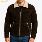 Male model wearing Rick Grimes suede jacket front view, brown distressed suede leather, tailored fit, cosplay and casual streetwear inspired by The Walking Dead