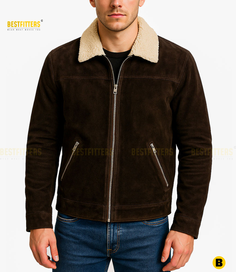 Male model wearing Rick Grimes suede jacket front view, brown distressed suede leather, tailored fit, cosplay and casual streetwear inspired by The Walking Dead