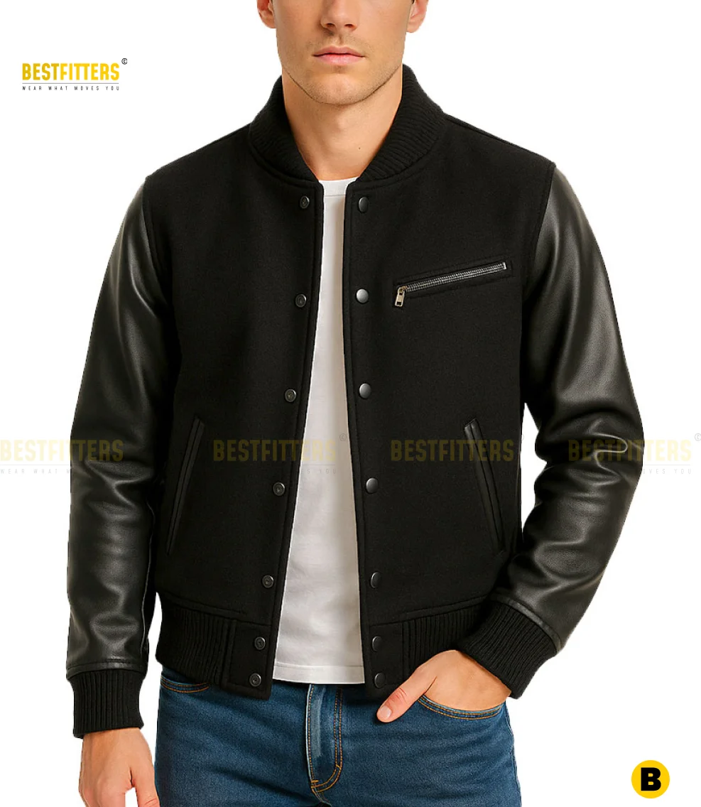 Side view of 90’s Ruffhouse Records bomber jacket showing sleeve detail and ribbed cuffs