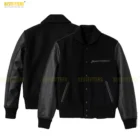 Model wearing 90’s Ruffhouse Records bomber jacket styled with jeans for retro hip-hop streetwear look