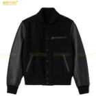 Vintage 90’s Ruffhouse Records Bomber Jacket front view in black satin body with embroidered logo and contrast sleeves