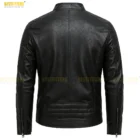 High-quality men’s black distressed leather jacket with vintage aging, classic biker collar, heavy-duty zippers, handcrafted seam detailing, and a soft inner lining, shown in a studio setting to highlight texture and craftsmanship.