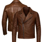 Side angle of men’s diamond-quilted distressed leather jacket in dark brown showing handcrafted texture, reinforced stitching, and premium moto-style craftsmanship. A side profile highlighting the handcrafted distressing, quilted pattern, and durable stitching of the men’s dark brown genuine leather motorcycle jacket.