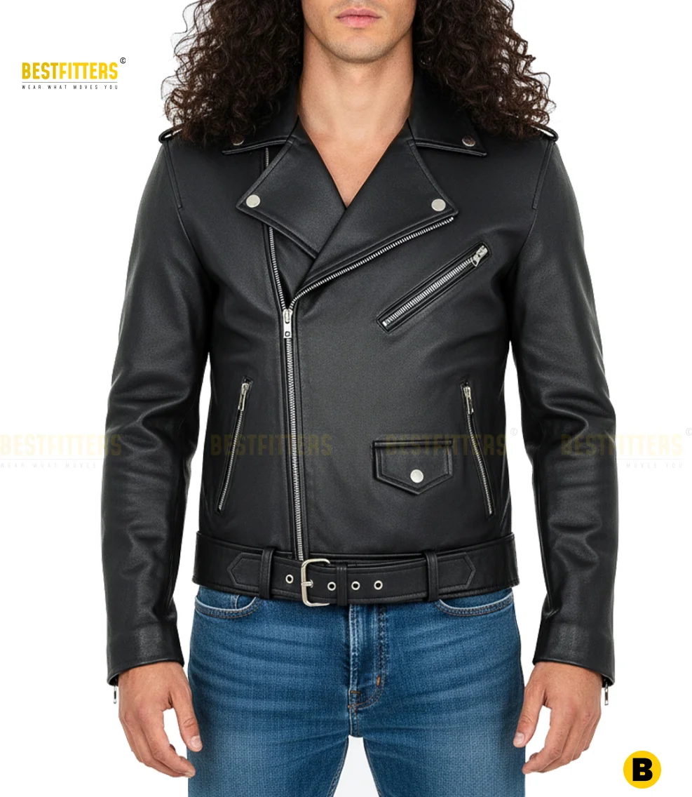 Men’s asymmetrical biker leather jacket made from genuine lambskin