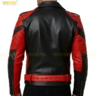 Man wearing the Red & Black Leather Biker Jacket walking in an urban setting, demonstrating its stylish fit and how the sheepskin motorcycle coat functions as versatile premium winter outerwear for daily use.