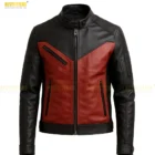 Red and Black Leather Jacket for Men. Men's Tailored Red & Black Leather Biker Jacket. Red and Black Leather Biker Jacket for Men. Men’s Leather Motorcycle Jacket Red Black. Men's Premium Tailored Red & Black Leather Jacket. Full-length shot of a man wearing the premium red and black leather biker jacket, standing next to a motorcycle, showcasing the tailored fit and high-contrast color-block design.