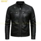 Men’s distressed black leather jacket made from genuine cowhide, featuring a rugged vintage finish, durable metal zipper, multiple front pockets, reinforced stitching, and a comfortable soft inner lining, photographed on a mannequin to showcase the classic biker style and premium craftsmanship.