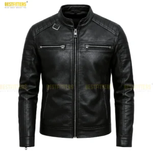 Men’s distressed black leather jacket made from genuine cowhide, featuring a rugged vintage finish, durable metal zipper, multiple front pockets, reinforced stitching, and a comfortable soft inner lining, photographed on a mannequin to showcase the classic biker style and premium craftsmanship.