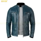 Front view of vintage café racer distressed motorcycle leather jacket