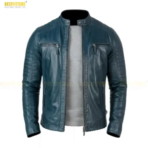 Front view of vintage café racer distressed motorcycle leather jacket