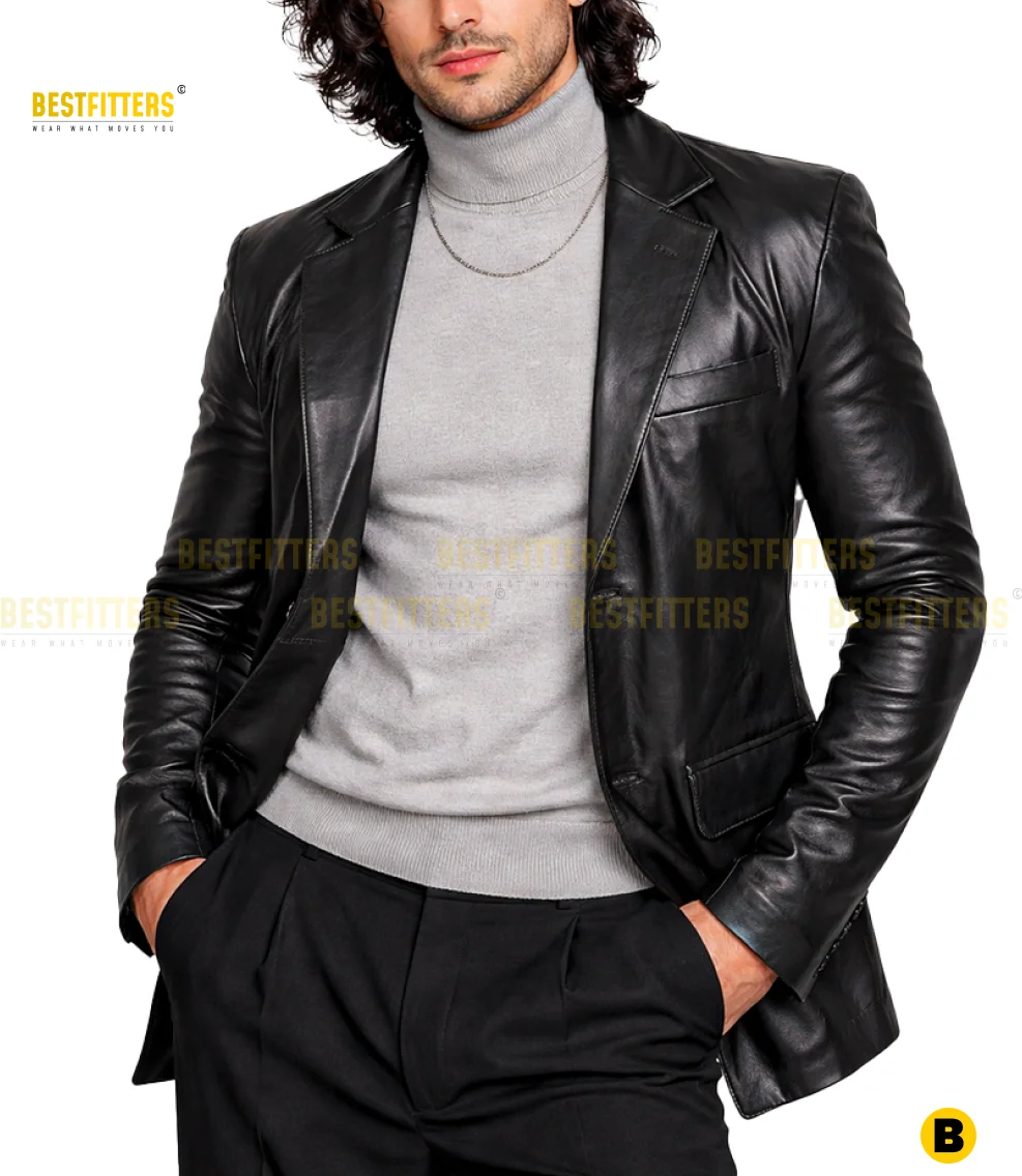 Black Leather Blazer Jacket with a Sleek Modern Design