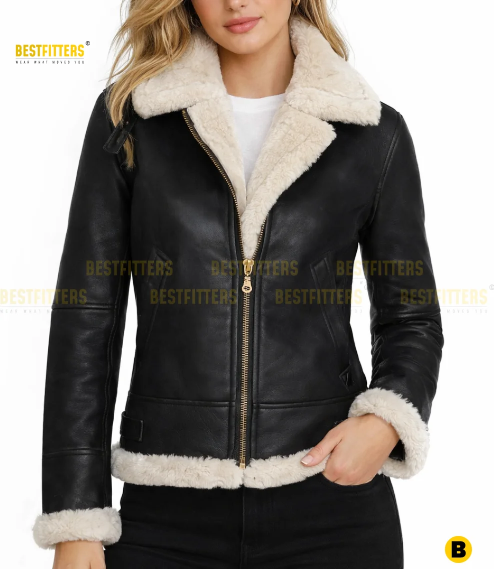Premium Black Shearling Aviator Leather Jacket for Women