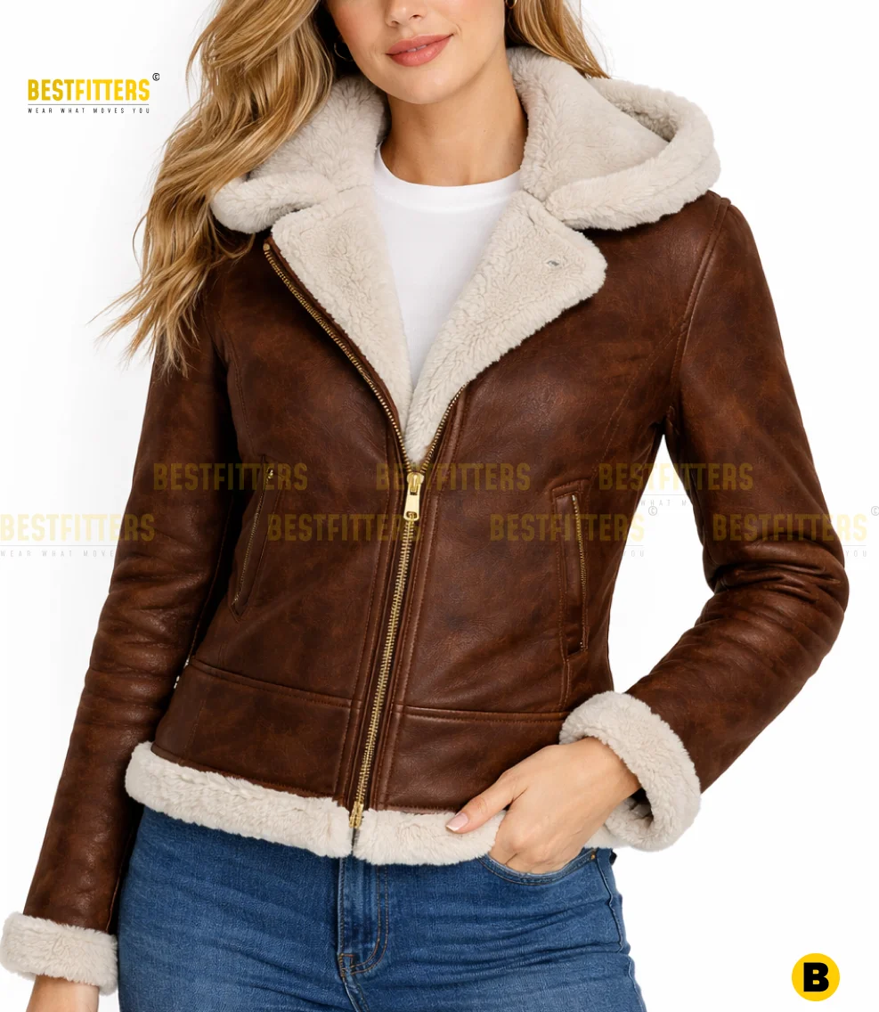 Premium Brown Shearling Aviator Leather Jacket for Women