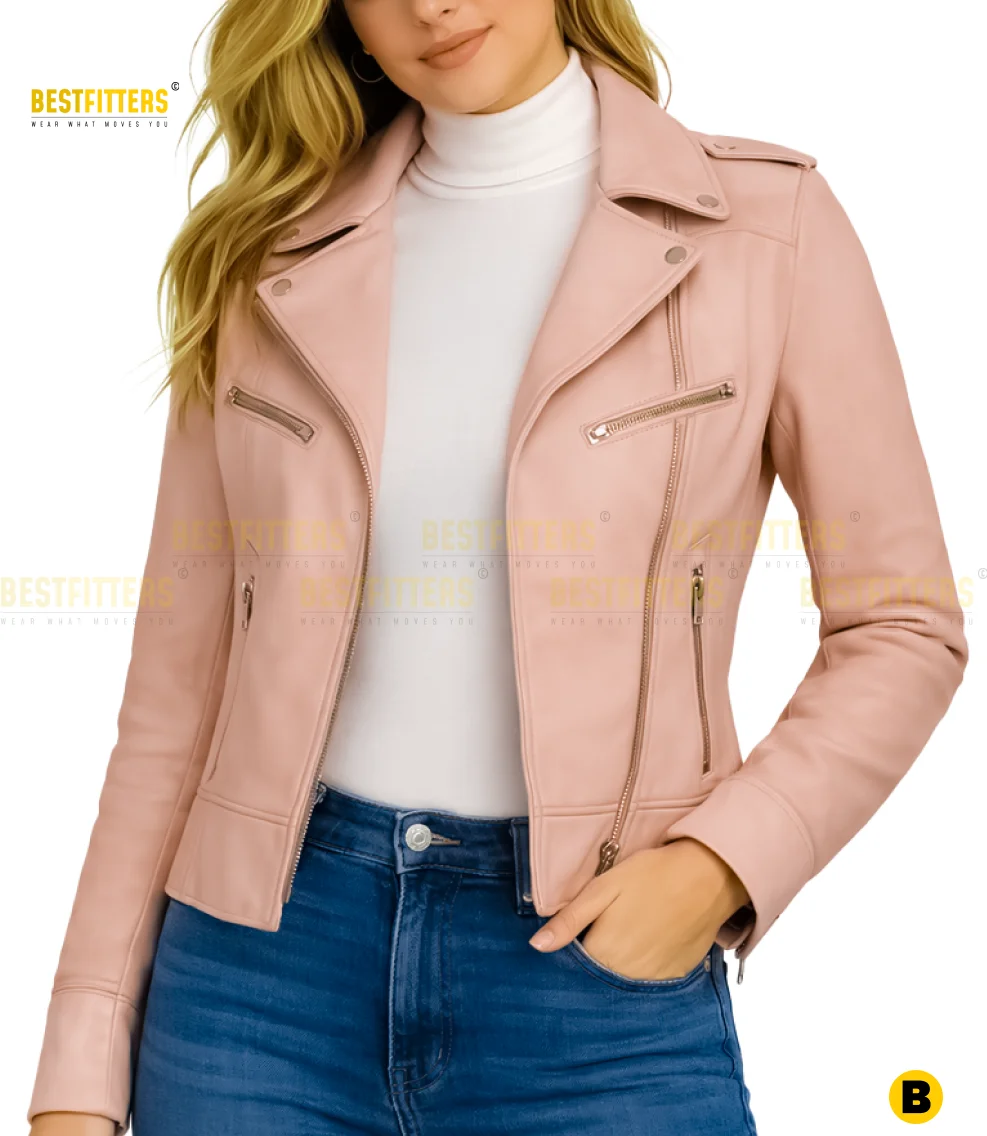 Premium Pink Leather Motorcycle Jacket for Women