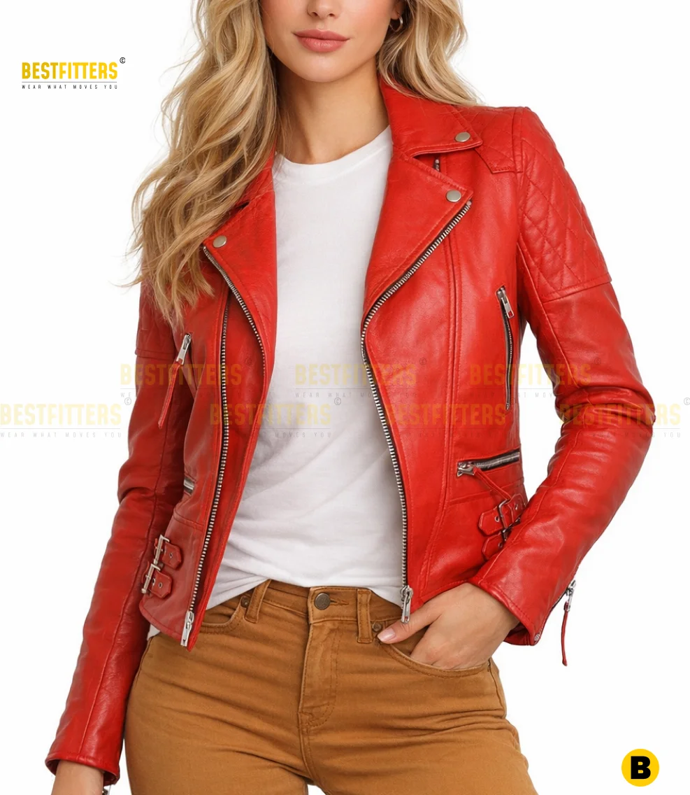 Premium Red Leather Motorcycle Jacket for Women